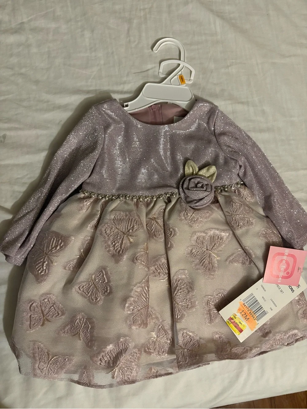 Rare Edition Lilac Sparkle Butterfly A-Line Kids Dress with Flower Accent